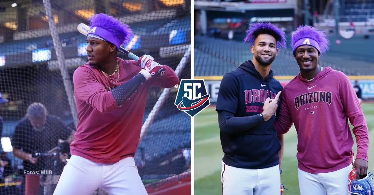 Lourdes Gurriel Jr. posó con Perdomo, mientras el dominicano tenía un souvenir especial de cabellera morada