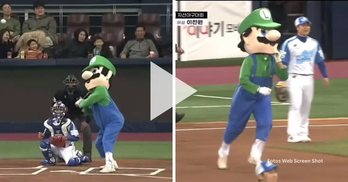 En el traje del afamado Luigi, (dibujo animado de Nintendo) estuvo el joven lanzador, Jang Jae-Young