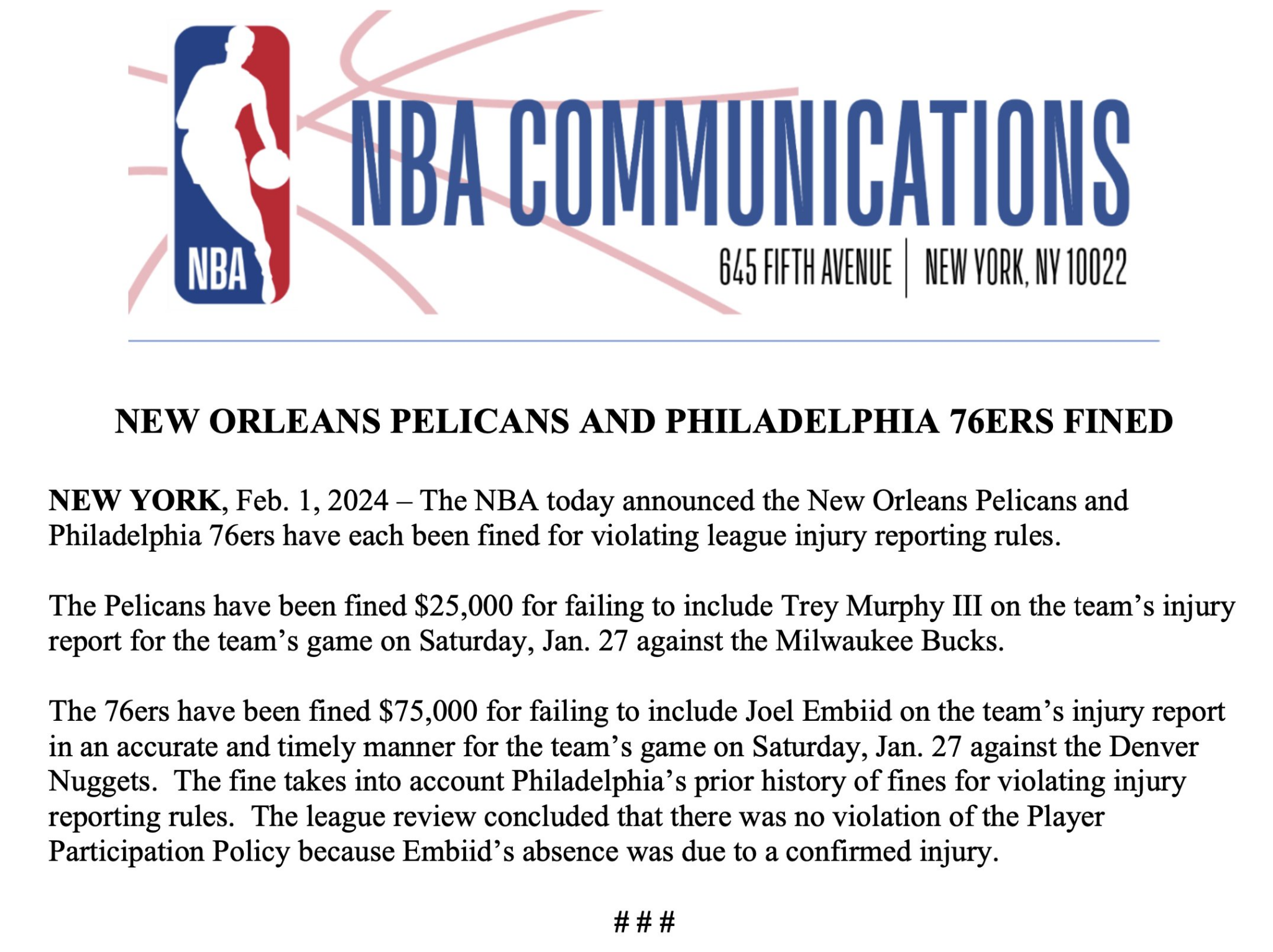 ÚLTIMA HORA: NBA multó a Philadelphia 76ers por caso Joel Embiid