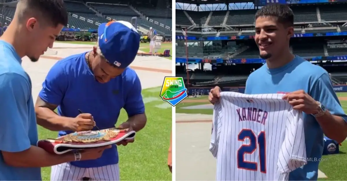 La estrella de New York Mets, Francisco Lindor le firmó su cinturón de campeón a Xander Zalas en su visita al Citi Field