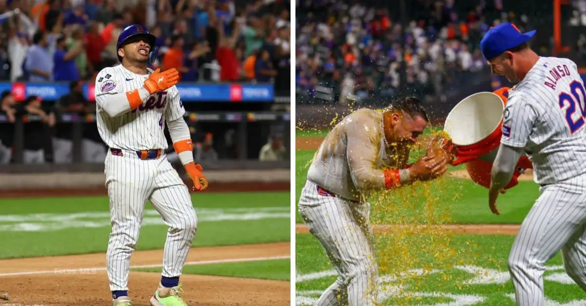 Francisco Alvarez en la celebración por el jonron y la victoria de New York Mets