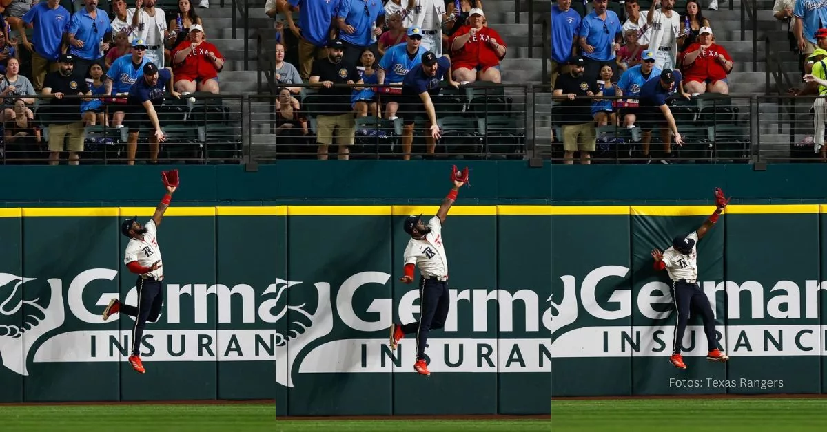 El cubano Adolis García robando un extrabases contra los colchones en el juego entre Texas y Minnesota