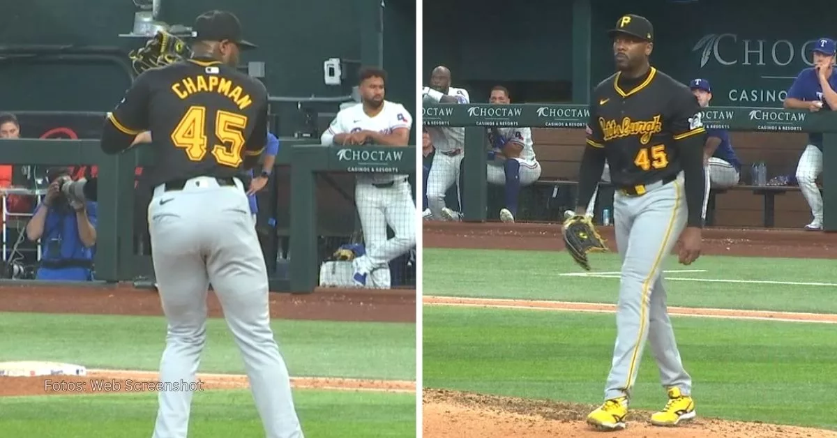 Aroldis Chapman en la lmita del Globe Life Field con el uniforme de Pittsburgh Pirates