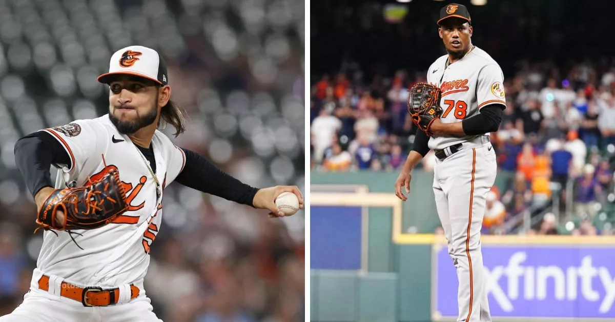 Cionel Pérez y Yennier Cano lanzando con el conjunto de Baltimore Orioles