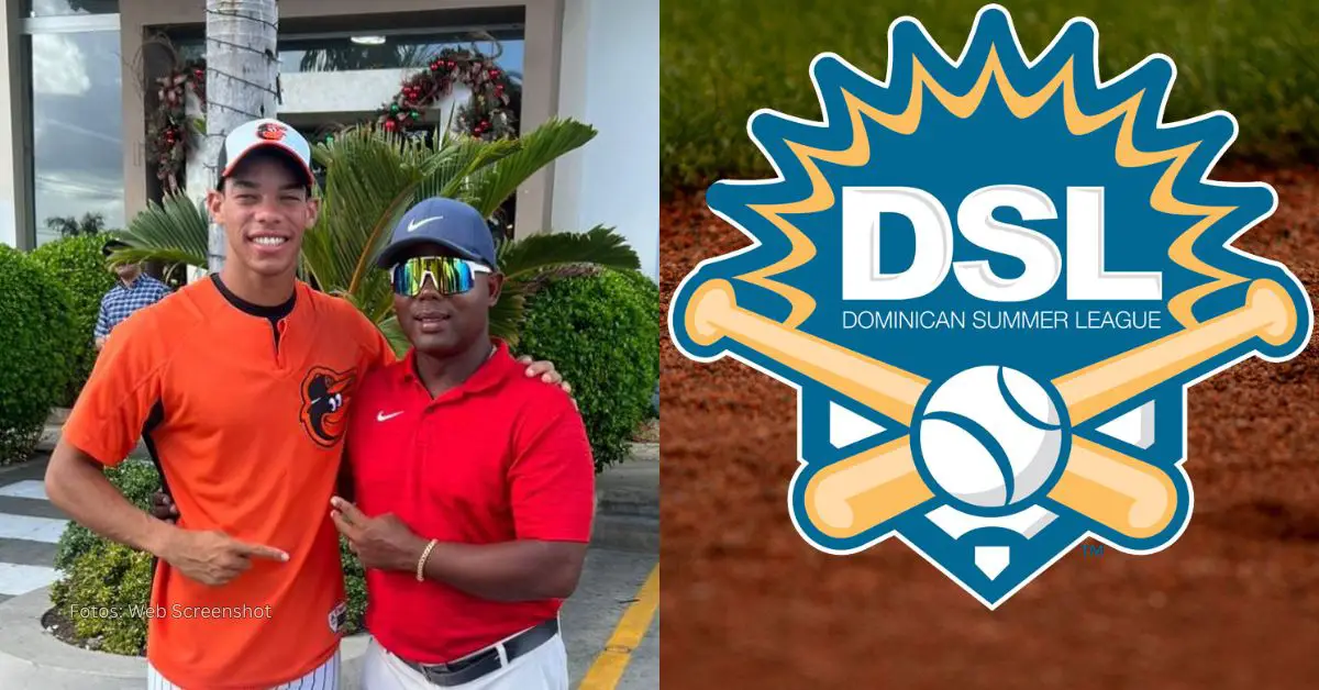 Jordan Sánchez al acordar contrato con Baltimore Orioles y el logo de Dominican Summer League