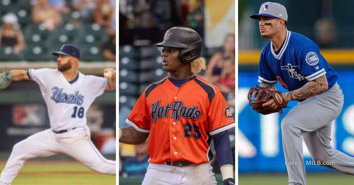 Jugadores Julio Robaina, Narbe Cruz y Omar Estévez con los uniformes de sus respectivos equipos en Ligas Menores