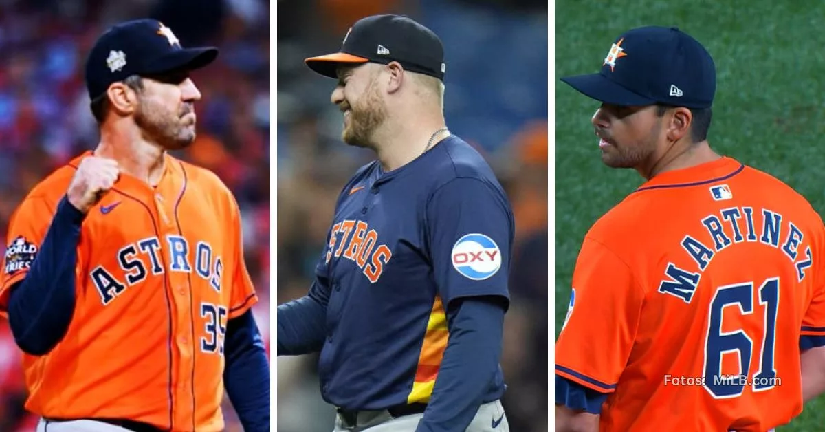 Justin Verlander, Kaleb Ort y Seth Martínez con el uniforme de Houston Astros en MLB