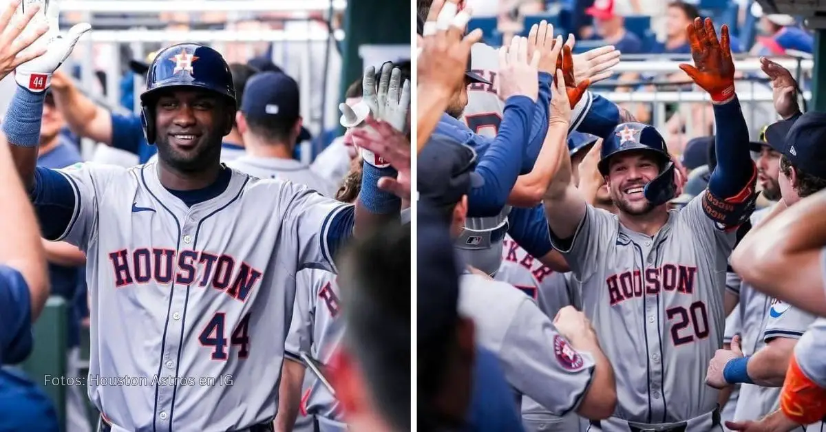 Yordan Alvarez y Chas McCormick celebrando sus jonrones en la victoria de Houston Astros