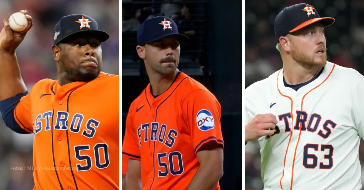 Héctor Neris, Seth Martínez y Kaleb Ort con el uniforme de Houston Astros