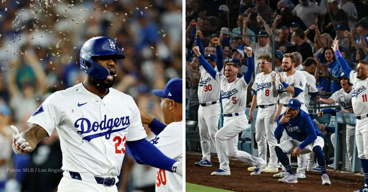 Jayson Heyward y los jugadores de Los Angeles Dodgers celebrando jonrón de la victoria