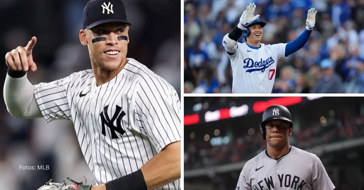 Aaron Judge sonriendo con el uniforme de Yankees, Shohei Ohtani celebrando un batazo en MLB y Juan Soto triste