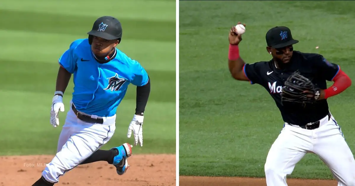 José Devers y Vidal Bruján con el uniforme de Miami Marlins