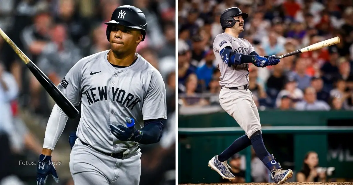 Juan Soto y Austin Wells con el uniforme de New York Yankees en MLB 2024