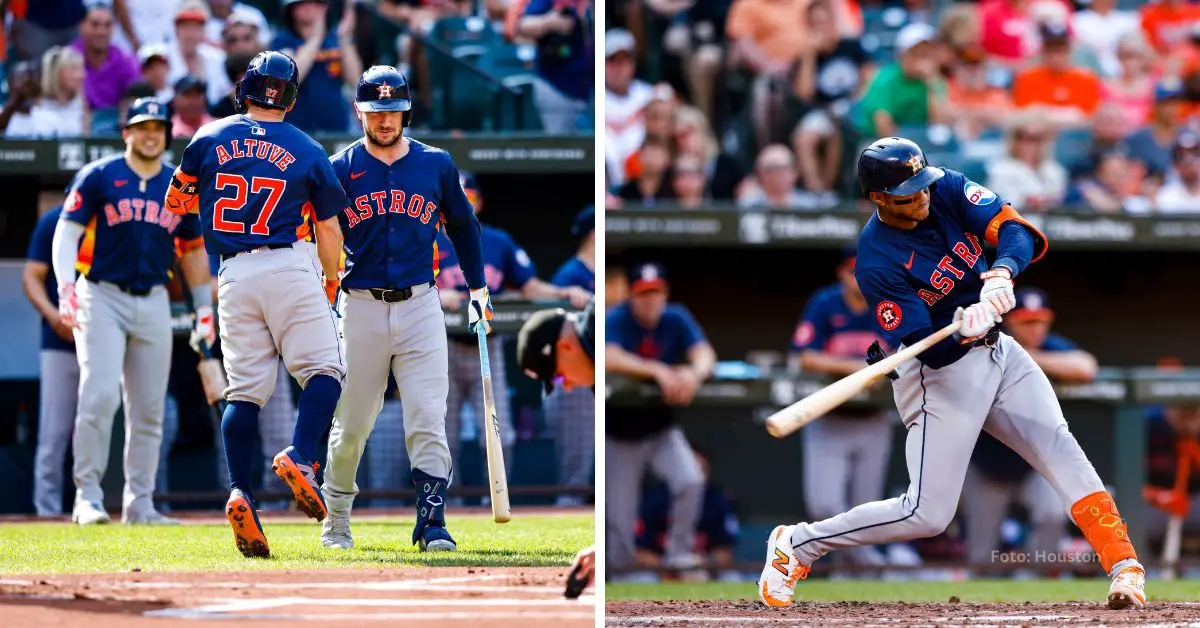 Jose Altuve y Jeremy Peña luego de dar jonron para Houston Astros