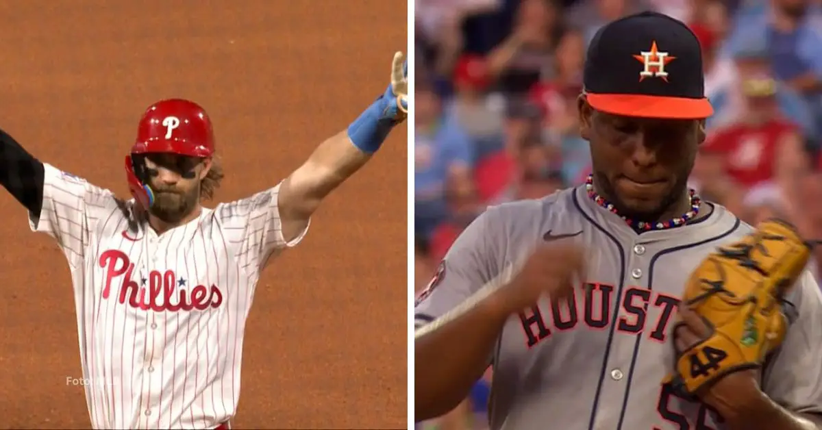 Bryce Harper celebrando con Philadelphia Phillies y Ronel Blanco lanzando con Houston Astros