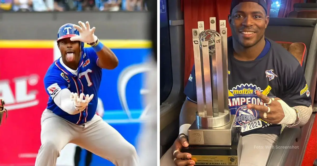 Yasiel Puig celebrando y con el trofeo de la LVBP en sus manos