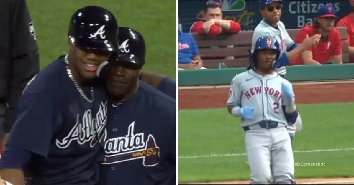 Luisangel Acuña y Ronald Acuña Jr. durante su primer hit en MLB