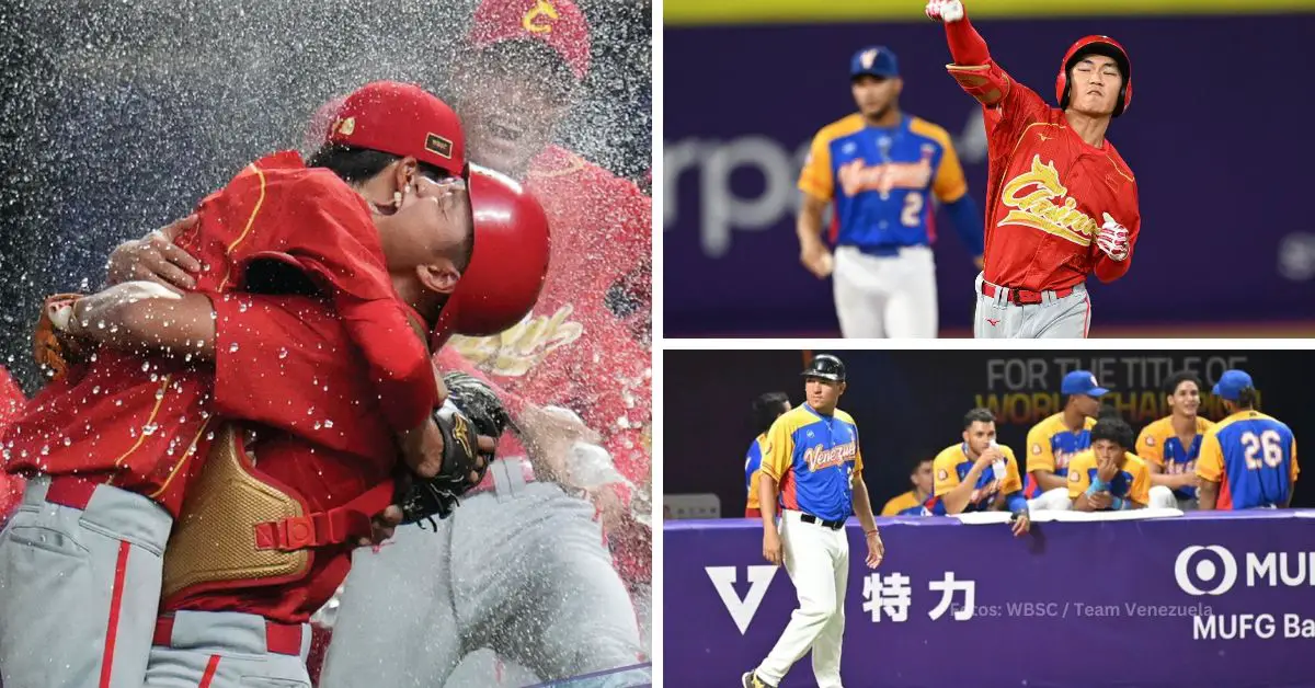 Jugadores de China del Mundial de Beisbol U-23 celebrando triunfo ante Venezuela