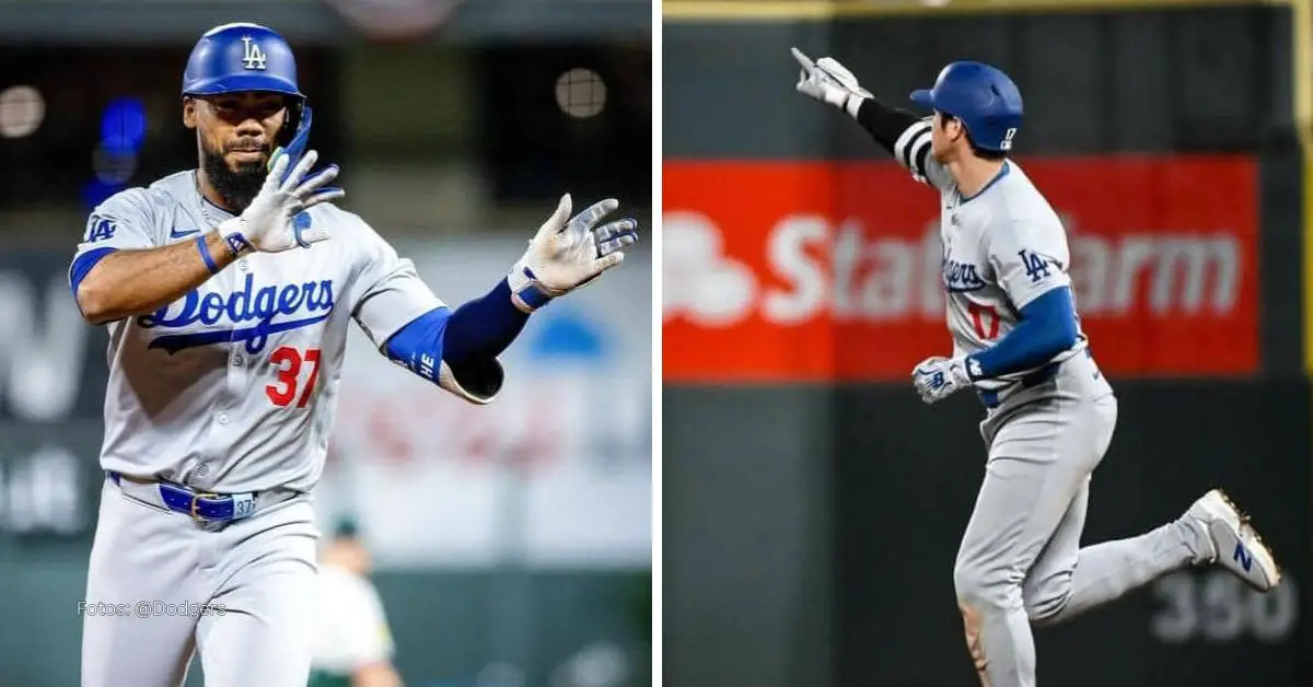 Teoscar Hernández celebrando jonrón en victoria de Dodgers y Shohei Ohtani señalando a los jardines mientras corre las bases