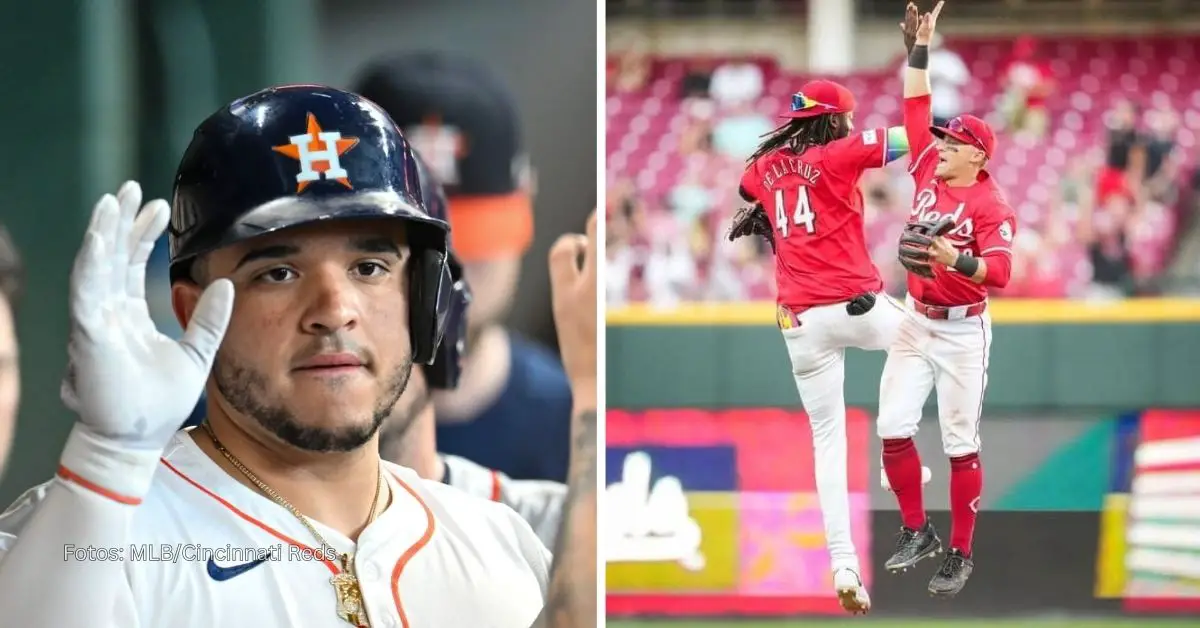 Yainer Díaz celebrando actuación ofensiva con Houston Astros y Elly de la Cruz saludando a un compañero tras una victoria de Cincinnati