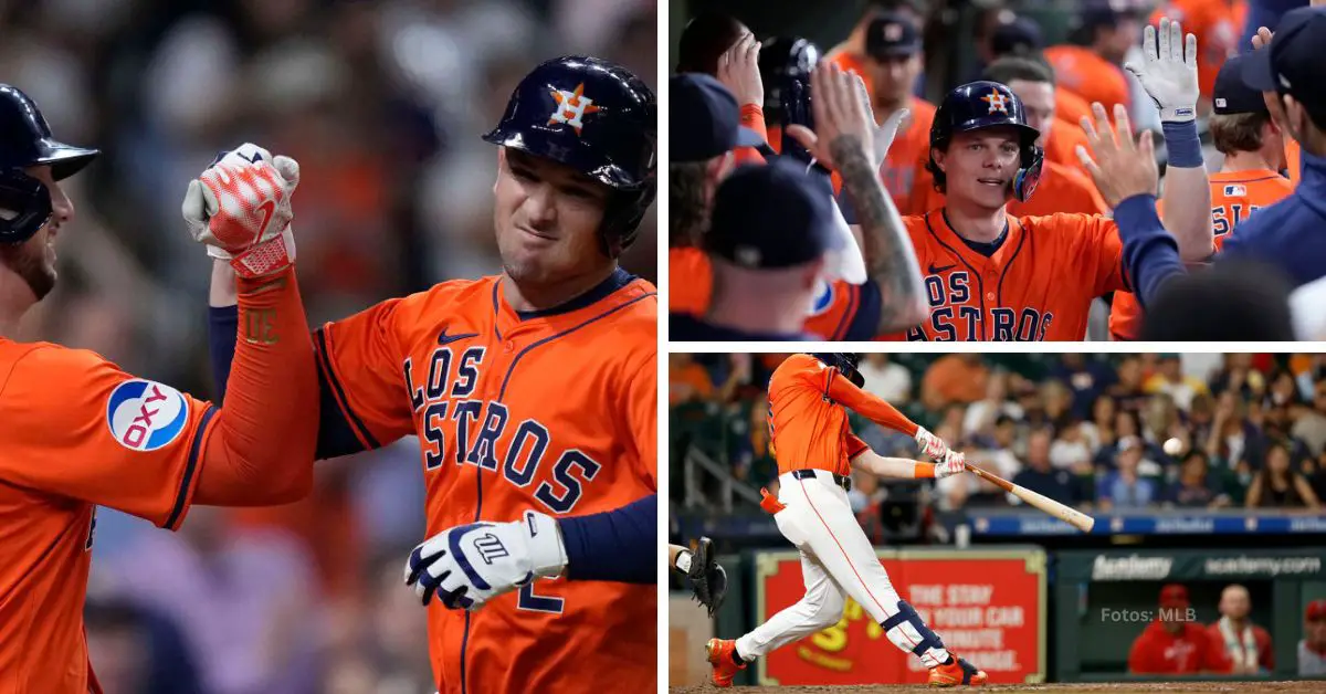 Alex Bregman, Jake Meyers y Kyle Tucker celebrando jonrones con Houston Astros