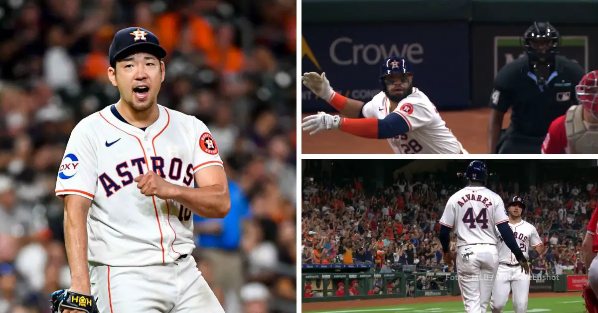 Yasiel Kikuchi celebra ponche, Jon Singleton bateando y Yordan Alvarez y Yainer Diaz anotando con Houston Astros