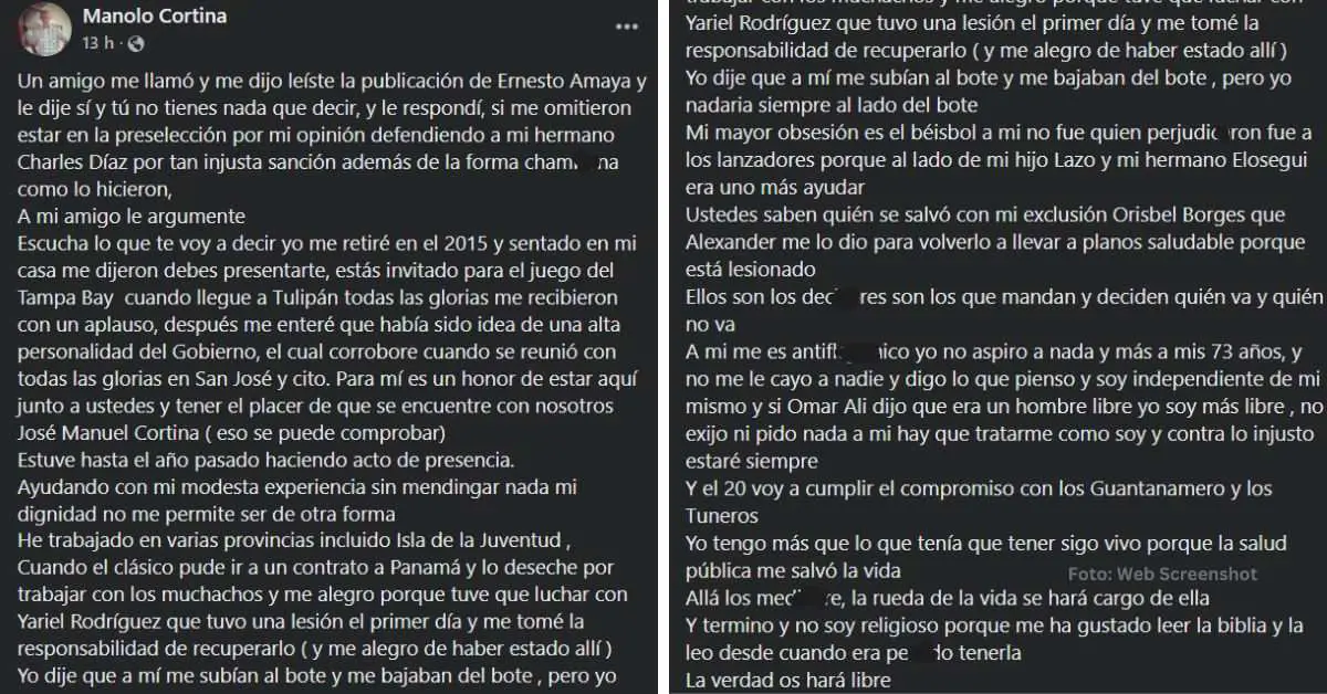 Publicación de José Manuel Cortina en facebook. Beisbol Cubano