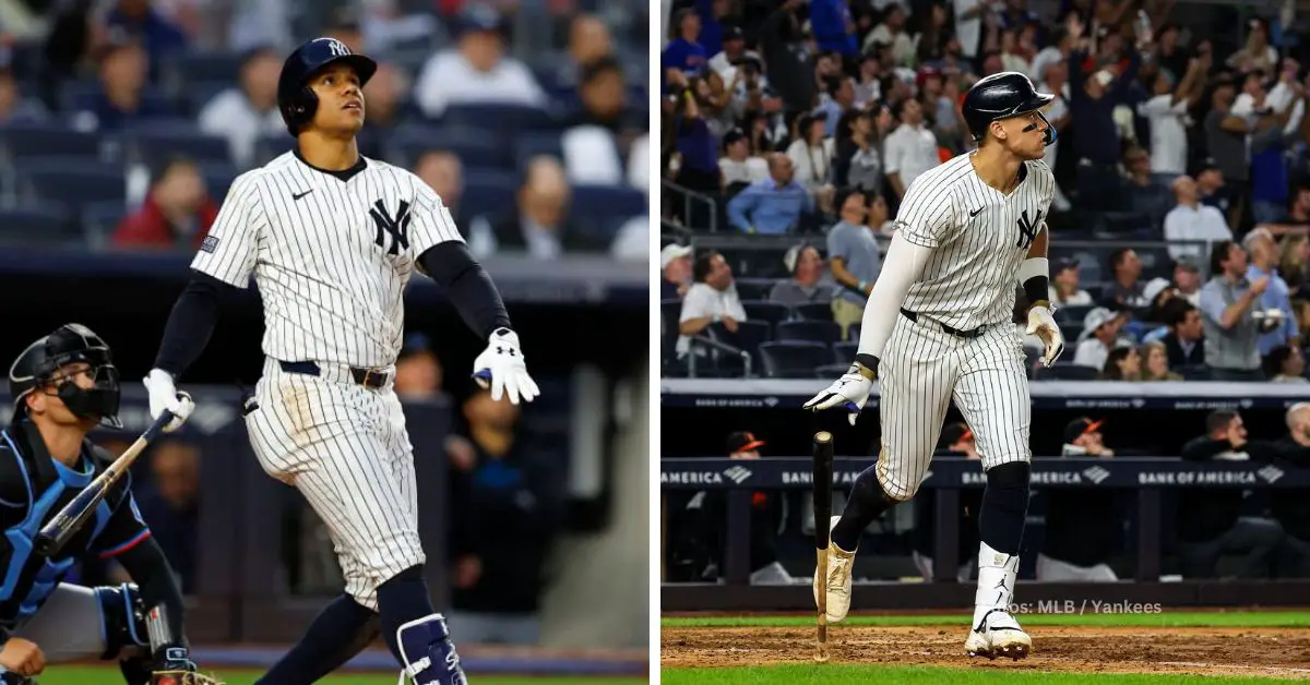 Juan Soto y Aaron Judge bateando con New York Yankees