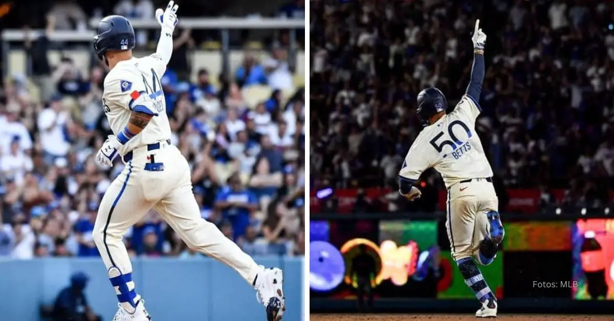 Andy Pages y Mookie Betts celebrando jonrones en la victoria de Los Angeles Dodgers en MLB