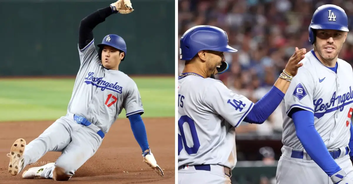 Shohei Ohtani deslizándose en la antesala y Mookie Betts y Freddie Freeman celebrando tras anotar