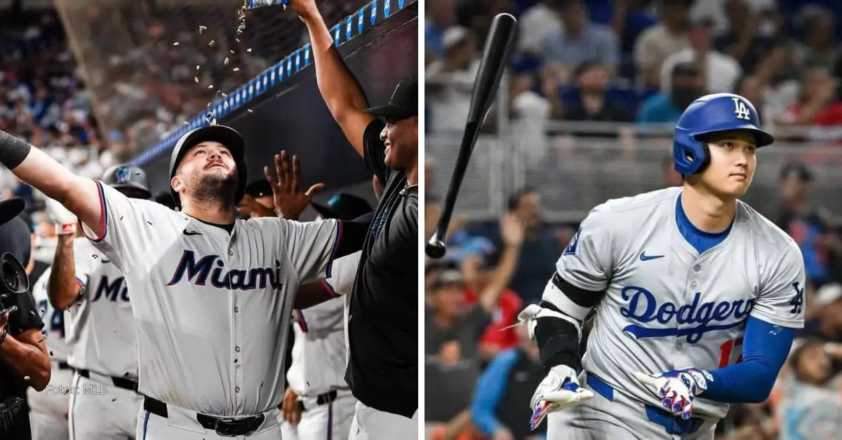 Jugadores de Miami Marlins celebrando un jonrón ante Los Angeles Dodgers y Shohei Ohtani obervando la bola después de botarla