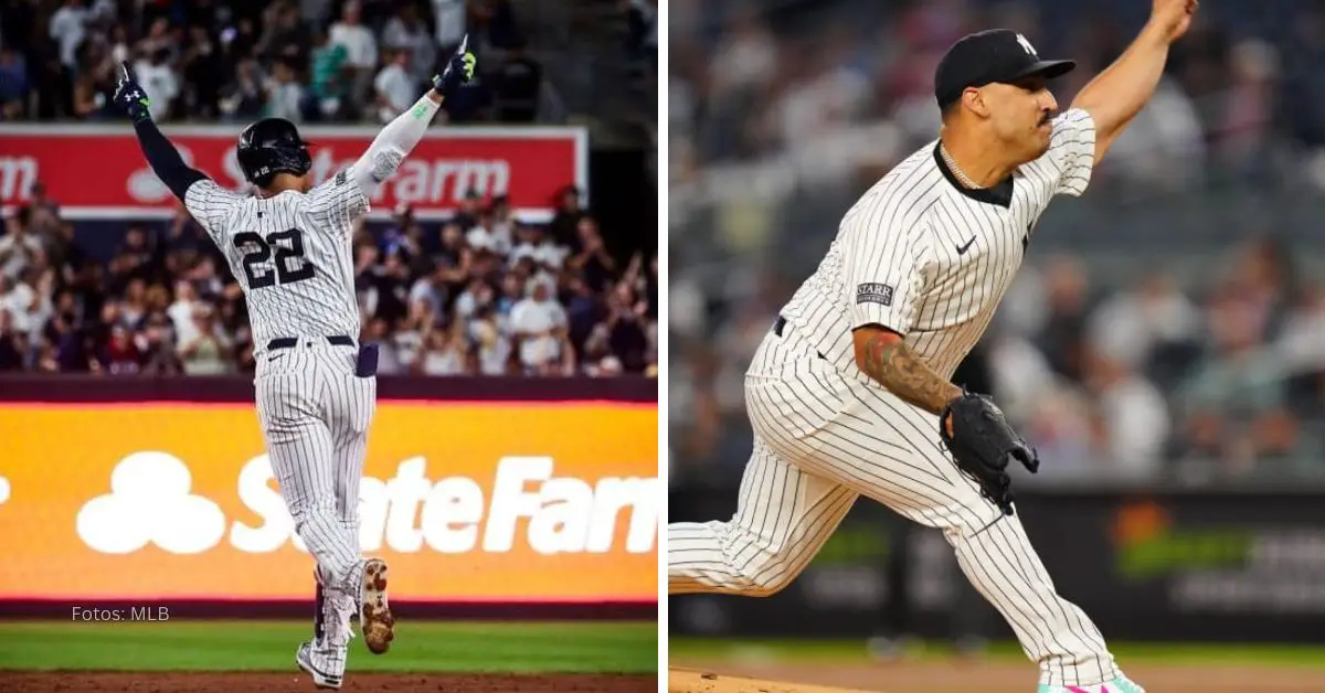 Juan Soto levantando los brazos tras decidir ante Boston y Nestor Cortés lanzando con New York Yankees