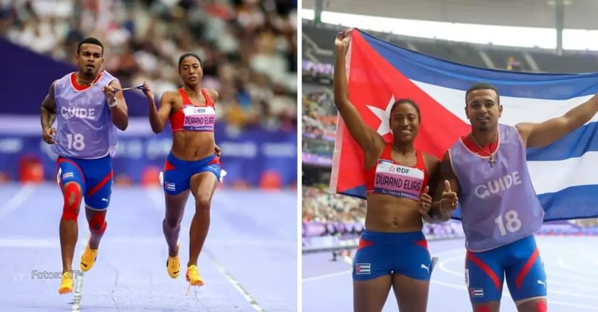 Omara Durand corriendo y celebrando los 400 metros en Paris 2024 junto a su guía Yuniol Kindelán