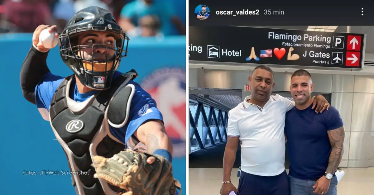 Oscar Valdés ocupando su puesto como receptor en Industriales y junto a su padre en Estados Unidos