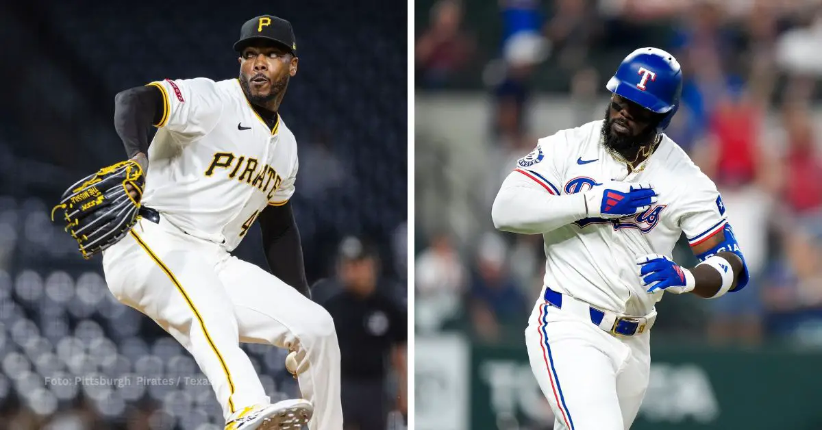 Aroldis Chapman lanzando con Pittsburgh Pirates y Adolis García realizando gestos tras un jonrón