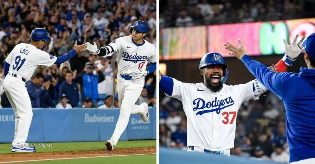 Shohei Ohtani corriendo las bases tras jonrón 52 con Los Angeles Dodgers, Teoscar Hernández celebrando