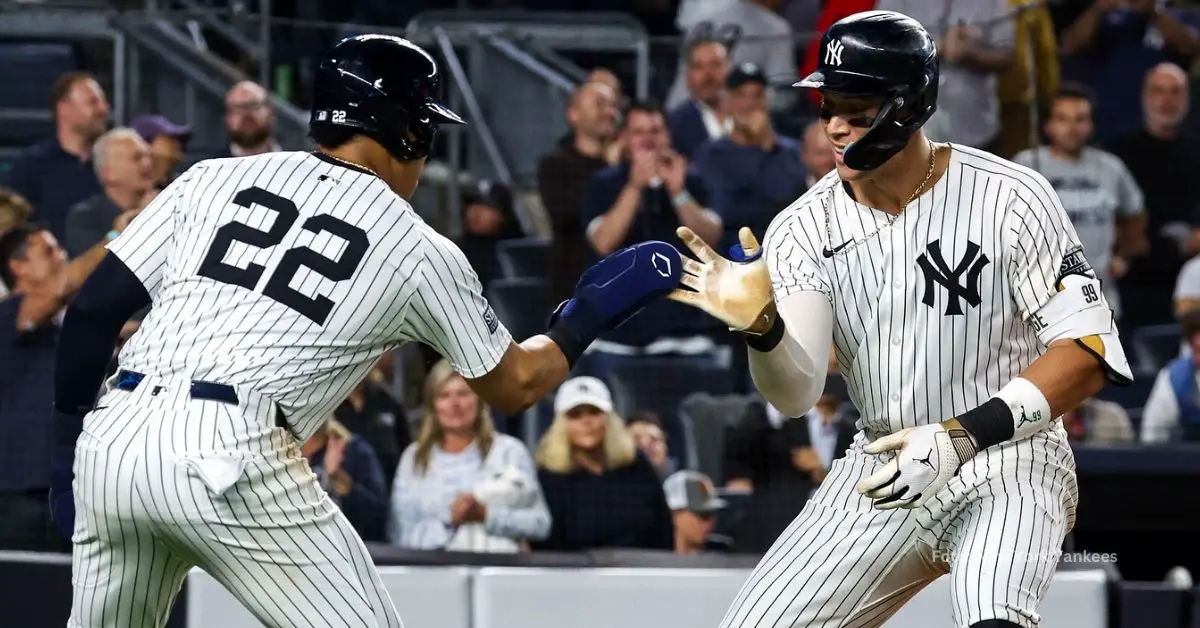 Juan Soto y Aaron Judge celebrando tras jonrón con New York Yankees