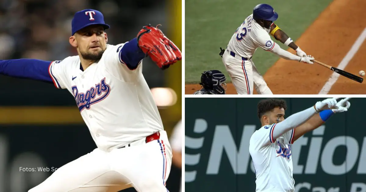 Nathan Eovaldi, Adolis García y Ezequiel Durán.