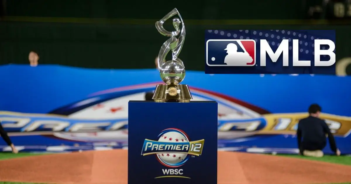 Trofeo de Premier 12 junto a logo de MLB