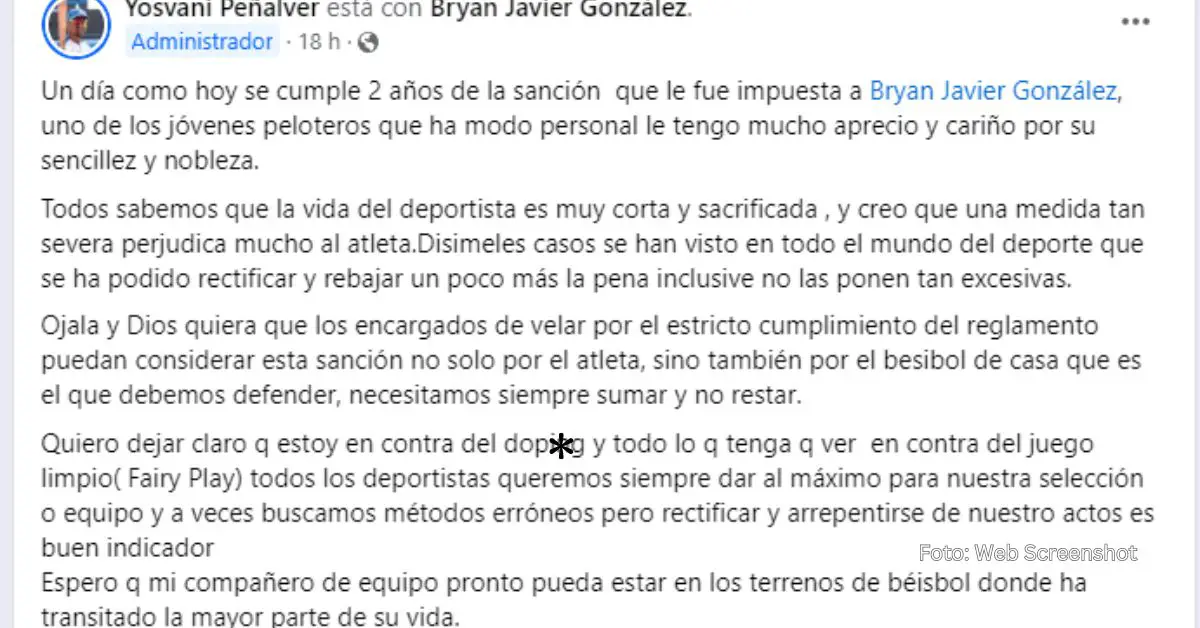 Mensaje de Yosvani Peñalver a Bryan González