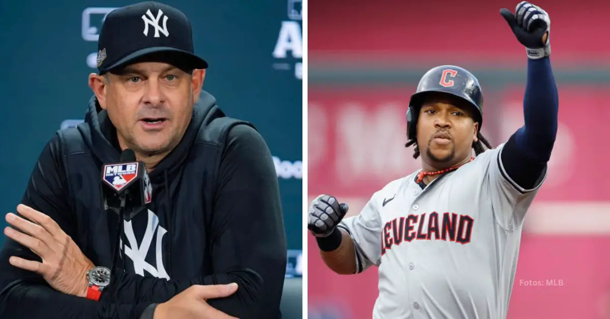 Aaron Boone en una rueda de prensa y José Ramírez celebrando un batazo con Cleveland Guardians