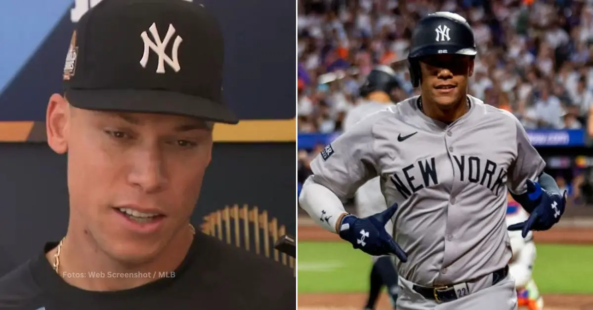 Aaron Judge dando declaraciones y Juan Soto con New York Yankees