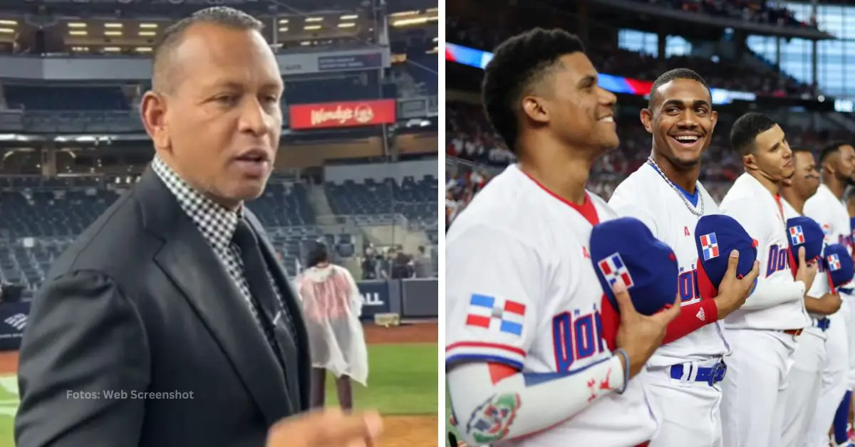 Alex Rodríguez hablando y el equipo de Republica Dominicana en el Clásico Mundial 2023