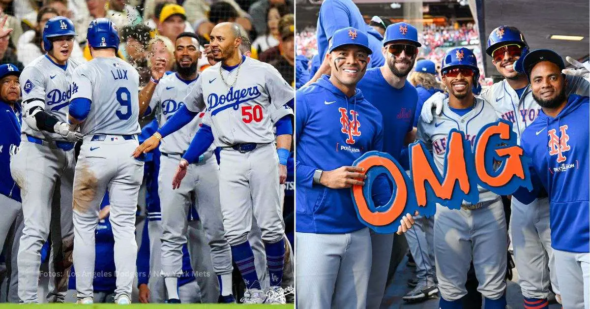 Jugadores de Los Angeles Dodgers y New York Mets celebrando carreras de sus equipos