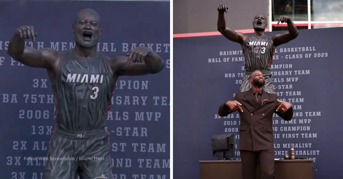 Dwyane Wade con la nueva estadia en las afueras del estadio de Miami Heat