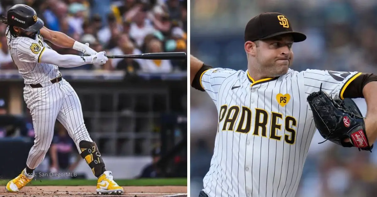 Fernando Tatis Jr haciendo swing y Michael King lanzando con San Diego Padres