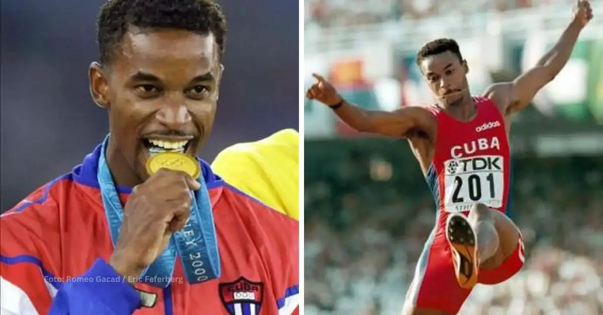 Iván Pedroso con medalla de oro en Juegos Olímpicos de Sydney y saltando