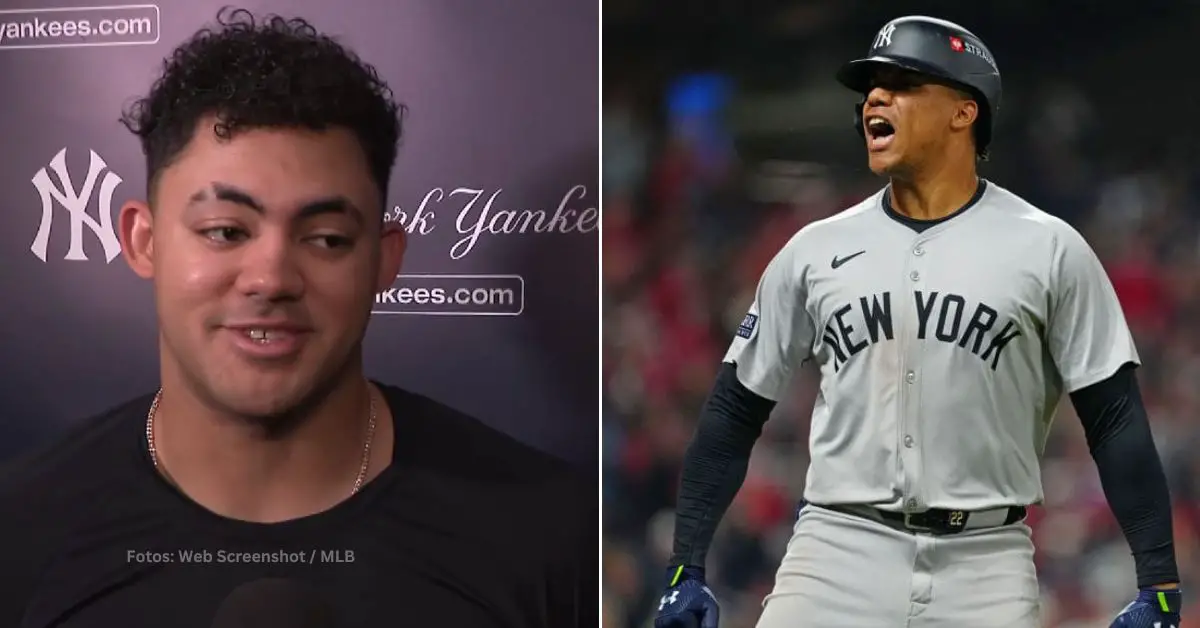 Jasson Domínguez dando declaraciones y Juan Soto con New York Yankees