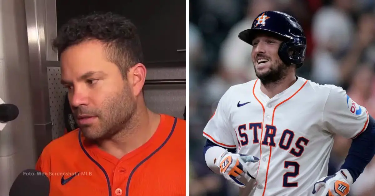 Jose Altuve declarando ante periodistas y Alex Bregman con Houston Astros