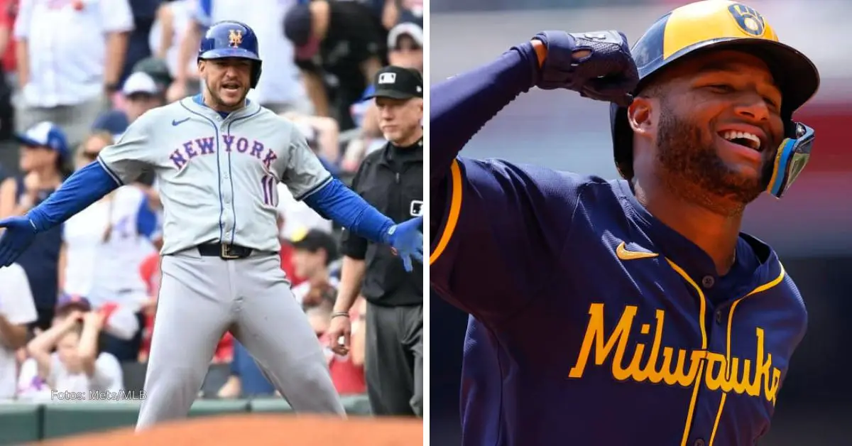 Jose Iglesias celebrando y haciendo señas a sus compañeros de New York Mets, Chourio sonriendo